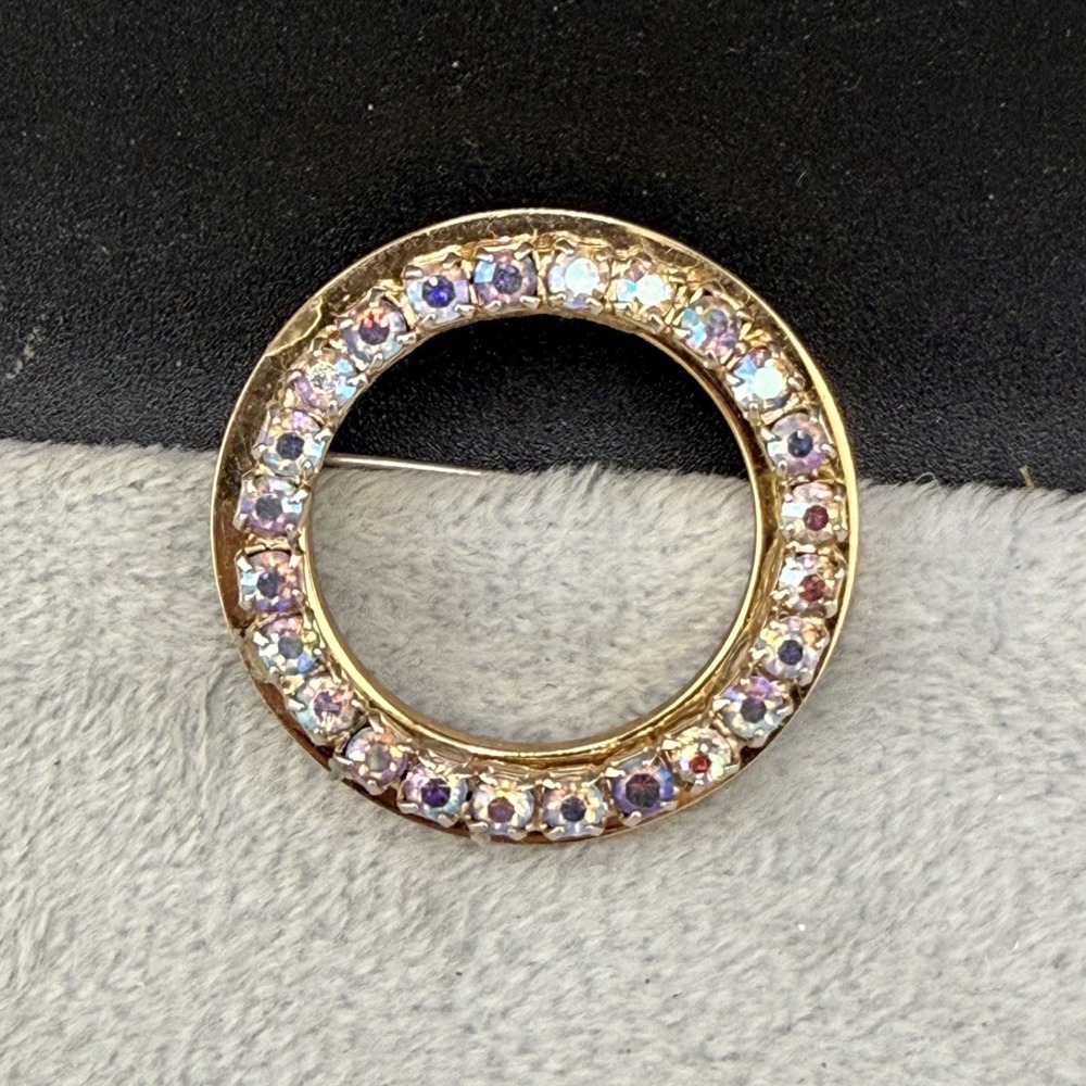 Vintage Monet Brooch Circle Gold Tone AB Rhinestone‎ Signed